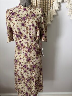 Rouje Cream Midi Dress with Purple Floral Print size 36 (xs-s) NWT